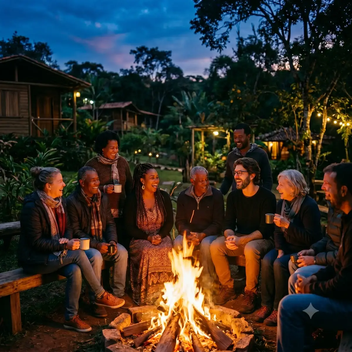 Travelers gathered around a bonfire in community immersion